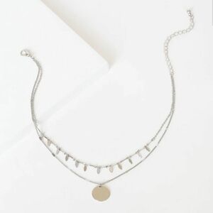Silver Layered Necklace with Disc Pendant